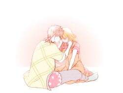 1boy 1girl azu_rin_go between_legs black_pants black_shirt blonde_hair bokujou_monogatari bokujou_monogatari:_mittsu_no_sato_no_taisetsuna_tomodachi braid brown_eyes brown_hair brown_overalls bush closed_eyes closed_mouth collared_shirt crying full_body gradient_background green_haori hair_between_eyes hair_bobbles hair_ornament hand_between_legs hand_on_another&#039;s_neck haori heads_together highres hinata_(bokujou_monogatari) japanese_clothes jinbei_(clothes) long_hair looking_at_another low_twin_braids nanami_(bokujou_monogatari) orange_background overall_skirt overalls pants rattail red_shirt rubbing_eyes shirt shirt_under_kimono short_hair short_sleeves sidelocks sitting sleeves_rolled_up spiked_hair tabi twin_braids wariza white_background wing_collar