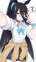 1girl ahoge alternate_hairstyle animal_ears black_choker black_hair black_skirt blie blue_nails blue_scrunchie bow bowtie breasts cardigan cardigan_around_waist choker clothes_around_waist collared_shirt ear_tag earrings eyes_visible_through_hair gyaru hair_between_eyes hand_up high_ponytail highres horse_ears horse_girl horse_tail ibuki_grunt inward_v jewelry long_bangs long_hair long_hair_between_eyes long_sleeves loose_bowtie manhattan_cafe_(umamusume) multicolored_hair nail_polish pleated_skirt ponytail scrunchie shirt single_earring skirt sleeves_rolled_up small_breasts solo tail twitter_username umamusume v very_long_hair white_hair white_shirt wrist_scrunchie yellow_cardigan