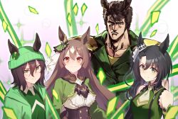 1boy 3girls absurdres animal_ears ascot bare_shoulders beanie black_hair braid brown_ascot brown_eyes brown_hair corset cropped_jacket ear_ornament ears_through_headwear frilled_shirt frilled_sleeves frills green_eyes green_headwear green_jacket green_shirt green_sweater hair_between_eyes half_up_braid half_updo hara_tetsuo_(style) hat highres hokuto_no_ken horse_ears horse_girl jacket kenshiro long_hair long_sleeves looking_at_viewer manly motsunabe_(mo2nap3) multicolored_hair multiple_girls muscular necktie parody ribbed_sweater satono_crown_(umamusume) satono_diamond_(umamusume) shirt short_hair side_ponytail sleeveless sleeveless_sweater sleeves_past_fingers sleeves_past_wrists streaked_hair sweater umamusume umamusume_(anime) underbust white_hair white_shirt yellow_eyes
