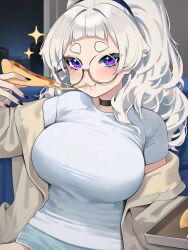 aqua_shorts arched_bangs black_choker blunt_bangs blush breasts choker commentary dolphin_shorts eating fingernails food food_on_face glasses grey_hair highres holding holding_food holding_pizza indoors jacket large_breasts long_hair looking_at_viewer meg_(wakamepiza) nail_polish original pizza ponytail purple_eyes round_eyewear semi-rimless_eyewear shirt short_shorts shorts sparkle symbol-only_commentary thick_eyebrows under-rim_eyewear wakamepiza white_jacket white_shirt yellow-framed_eyewear