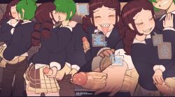 1boy 1girl absurdres blush braces brown_hair french_kiss german_text green_hair grin handjob highres kiss original penis plaid_clothes plaid_skirt school_uniform short_twintails skirt smile sweater tongue tongue_out twintails yellow_eyes zamoshvik
