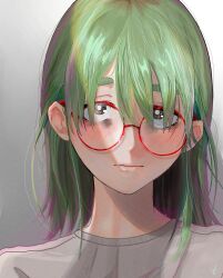 1girl absurdres bags_under_eyes brown_eyes commentary glasses green_hair grey_shirt highres kingu_(whalekingu) light_frown multicolored_hair original pink_hair portrait red-framed_eyewear round_eyewear shirt solo streaked_hair thick_thighs thighs two-tone_hair