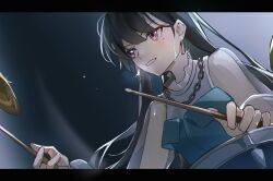 1girl bang_dream! bang_dream!_it&#039;s_mygo!!!!! black_hair blue_shirt chain chain_necklace chinese_commentary commentary_request cymbals drum drum_set drumsticks earrings frilled_shirt_collar frills glint highres holding holding_drumsticks instrument jewelry layered_shirt letterboxed long_hair long_sleeves looking_ahead mole mole_under_eye monnku necklace puffy_long_sleeves puffy_sleeves purple_eyes see-through_clothes see-through_sleeves shiina_taki shirt smile solo strapless strapless_shirt sweat swept_bangs upper_body white_shirt