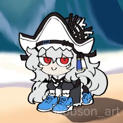 1girl ai-generated_art_(topic) arknights blue_shoes chibi closed_mouth commentary commentary_request english_commentary grey_hair italian_brainrot_ai_animals_(meme) long_hair looking_at_viewer meme mixed-language_commentary red_eyes shark_girl shoes sleepyowl_(jobkung15) smile sneakers solo specter_(arknights) specter_the_unchained_(arknights) tralalero_tralala