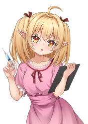 1girl ahoge ak13077 blonde_hair blush breasts brown_eyes clipboard dress elf hair_intakes highres holding holding_clipboard holding_syringe isshun_de_chiryou_shiteita_noni_yakutatazu_to_tsuihou_sareta_tensai_chiyushi_yami_healer_toshite_tanoshiku_ikiru lily_(yami_healer) looking_at_viewer medium_hair open_mouth pink_dress pointy_ears short_twintails simple_background small_breasts solo syringe teeth twintails upper_body upper_teeth_only white_background