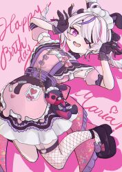 1girl absurdres ahoge animal_ear_hairband animal_ears apron arms_up asymmetrical_legwear black_gloves bow chest_harness detached_sleeves dontsu dress eyepatch fake_animal_ears fishnet_thighhighs fishnets frilled_apron frilled_dress frills garter_straps gloves hair_bow hairband harness heart heart_ahoge highres lace lace-trimmed_gloves lace_trim maid maid_apron maid_headdress maria_marionette mary_janes multicolored_hair nijisanji nijisanji_en one_eye_covered open_mouth parted_bangs pink_eyes pink_hair shoes single_thighhigh solo streaked_hair stuffed_toy suspenders teeth thighhighs twintails unconventional_maid upper_teeth_only virtual_youtuber
