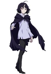 Rule 34 | 1boy, ahoge, anime coloring, black cloak, black hair, black pants, black shoes, clen (clevatess), clevatess: majuu no ou to akago to shikabane no yuusha, cloak, closed mouth, collared shirt, full body, horns, long sleeves, looking at viewer, official art, pants, red eyes, sako souichirou, shirt, shoes, short hair, simple background, single horn, solo, standing, transparent background, tsurime, v-shaped eyebrows, white shirt