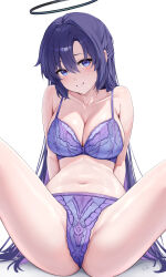 1girl absurdres blue_archive bra breasts cleavage collarbone commentary_request halo highres long_hair mechanical_halo navel panties purple_bra purple_eyes purple_hair purple_panties rosumerii simple_background smile solo spread_legs stomach thighs underwear underwear_only very_long_hair white_background yuuka_(blue_archive)