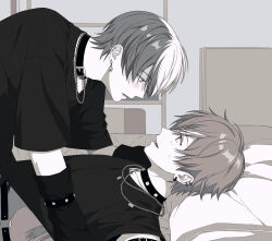 Rule 34 | 2boys, aoyagi touya, arm support, bed, blush, collar, commentary, crew neck, detached sleeves, ear piercing, earrings, eye contact, greyscale, hashtag-only commentary, highres, jewelry, looking at another, lying, male focus, monochrome, multicolored hair, multiple boys, multiple earrings, necklace, nervous sweating, on back, open mouth, piercing, project sekai, ray (lthenray), shinonome akito, shirt, short sleeves, split-color hair, streaked hair, studded collar, sweat, t-shirt, yaoi