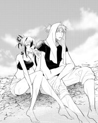 1boy 1girl ^_^ ahoge bare_shoulders black_shirt breasts cigarette closed_eyes cloud crop_top crossed_arms dripping fate/grand_order fate_(series) full_body greyscale hair_bun highres holding_carton knees_together_feet_apart legs_apart legs_together looking_to_the_side medium_breasts monochrome multicolored_hair nagao_kagetora_(fate) nishiuriz on_ground open_mouth pants pants_rolled_up parted_lips shirt short_hair short_shorts short_sleeves shorts sidelocks sitting sky soaking_feet streaked_hair takeda_shingen_(fate) uesugi_kenshin_(fate) wet