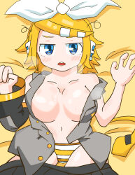 1girl alternate_breast_size blonde_hair blue_eyes blush bow breasts hair_bow hair_ornament hairclip headphones highres kagamine_rin large_breasts looking_at_viewer lying navel no_bra no_nose on_back open_clothes open_mouth panties poorly_drawn psboy redrawn short_hair solo striped_clothes striped_panties underwear vocaloid white_bow