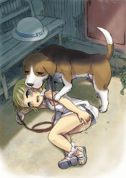 1girl aftersex animal_penis ass ass_grab beagle bench bestiality blonde_hair blue_eyes blush censored character_request collar cum cum_in_pussy cum_pool cumdrip dog dog_penis dress drooling full_body hat head ike_(altitude_attitude) leash legs licking loli lying mosaic_censoring on_ground on_side original outdoors panties panties_around_leg penis saliva sandals short_hair tears underwear unworn_hat unworn_headwear white_dress white_panties