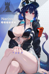 Rule 34 | 1girl, absurdres, arknights, arm support, bikini, bikini under clothes, black bikini, black jacket, blue hair, blue nails, breasts, center opening, ch&#039;en (arknights), ch&#039;en (arknights) (cosplay), ch&#039;en the holungday (arknights), ch&#039;en the holungday (elite ii) (arknights), character name, cleavage, closed mouth, commentary, cosplay, crossed legs, demon horns, dragon tail, eyewear on headwear, fingernails, gurei (streaper42846), hair between eyes, hat, hexagon print, highres, hololive, hololive english, horns, jacket, large breasts, looking at viewer, mole, mole under eye, nail polish, nerissa ravencroft, o-ring, o-ring top, red eyes, rhodes island logo (arknights), shorts, sitting, solo, sunglasses, swimsuit, tail, thighs, virtual youtuber, white hat, white shorts