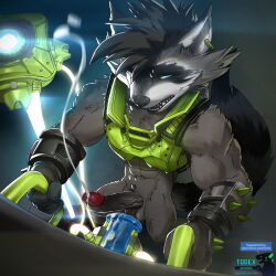 1boy abs animal_ears artist_name blue_sclera colored_sclera commentary cum earrings ejaculation english_commentary erection fangs furry furry_male guardians_of_the_galaxy half-closed_eyes highres jewelry male_focus marvel marvel_cinematic_universe marvel_rivals muscular muscular_male no_pants open_mouth penis raccoon_boy raccoon_ears raccoon_tail rocket_raccoon rocket_raccoon_(rocky)_(marvel_rivals) single_earring tail testicles todex