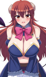 1girl bare_shoulders blush bow bowtie breasts brown_eyes brown_hair cleavage demon_girl demon_tail detached_collar detached_sleeves highres horns large_breasts long_hair long_sleeves looking_at_viewer machikado_mazoku midriff namako_muri navel open_mouth pink_bow pink_bowtie simple_background smile solo tail white_background yoshida_yuuko_(machikado_mazoku)
