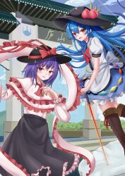 2girls absurdres black_hat black_skirt blue_hair blue_sky boots bow bowtie brown_shoes capelet center_frills commentary_request frilled_capelet frilled_shawl frilled_skirt frills hat hat_bow highres hinanawi_tenshi holding holding_sword holding_weapon indoors liujunmin long_hair long_skirt looking_at_viewer multiple_girls nagae_iku open_mouth outdoors peach_hat_ornament purple_hair red_bow red_bowtie red_eyes shawl shoes short_hair short_sleeves skirt sky sword sword_of_hisou touhou weapon