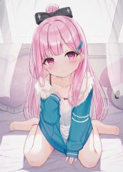 1girl :o backlighting bad_feet barefoot bed_sheet blue_jacket blush camisole commentary_request curtains day english_text frilled_pillow frills fur-trimmed_jacket fur_trim hair_ornament hairclip head_tilt highres jacket long_hair long_sleeves looking_at_viewer open_clothes open_jacket original parted_lips pillow pink_hair ponytail puffy_long_sleeves puffy_sleeves red_eyes sitting sleeves_past_wrists solo sunlight tsukiman very_long_hair wariza white_camisole window