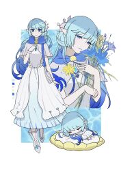 Rule 34 | 1girl, absurdres, blue eyes, blue hair, capelet, chibi, closed eyes, closed mouth, dress, flower, full body, gradient hair, haifuyoete (roco kingdom), hair ornament, hand on own chest, highres, holding, holding flower, kaimai huilai yizhixiang, long hair, looking at viewer, lying, multicolored hair, multiple views, official alternate costume, official alternate hairstyle, pointy ears, roco kingdom, sleeping, smile, white dress