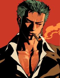 Rule 34 | 1boy, black jacket, breasts, cigarette, cleavage, closed mouth, collarbone, collared shirt, commentary, earrings, english commentary, facing viewer, gold earrings, green hair, jacket, jewelry, lips, male focus, mouth hold, one piece, pectorals, prenkuchan, red background, roronoa zoro, scar, scar across eye, scar on chest, scar on face, shirt, short hair, solo, upper body, white shirt