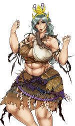 1girl abs absurdres antennae brass_knuckles breasts brown_skirt chain chirizuka_ubame clenched_hands commentary_request criss-cross_halter feet_out_of_frame fossilized_wonders grey_hair halterneck headpiece highres large_breasts long_hair looking_at_viewer midriff muscular muscular_female navel open_mouth pointy_ears purple_eyes rope ryuuichi_(f_dragon) shide shimenawa simple_background skirt smile solo torn_clothes torn_skirt touhou underboob variant_set weapon white_background