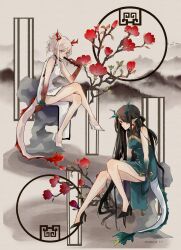 2girls absurdres arknights bead_bracelet beads black_hair bracelet china_dress chinese_clothes dragon_girl dragon_horns dragon_tail dress dusk_(arknights) dusk_(everything_is_a_miracle)_(arknights) earrings eastern_dragon_tail ete_(vacation_ete) folded_fan folding_fan gradient_skin green_hands green_horns hand_fan highres holding holding_fan horns jewelry looking_at_viewer multicolored_hair multiple_girls nian_(arknights) nian_(unfettered_freedom)_(arknights) purple_eyes red_eyes siblings sisters sleeveless sleeveless_dress streaked_hair tail tassel tassel_earrings white_dress white_hair