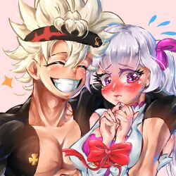 asta_(black_clover) black_clover blush couple hetero looking_away_from_partner noelle_silva red_ribbon ribbon smile teeth tied