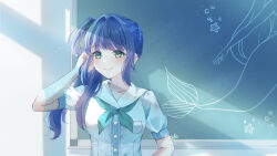 1girl aqua_neckerchief be_proud_(love_live!) blue_dress blush breast_pocket breasts chalkboard closed_mouth commentary_request drawing_(object) dress flower green_eyes hair_flower hair_intakes hair_ornament hasu_no_sora_school_uniform highres link!_like!_love_live! love_live! medium_breasts mermaid mochi_tsu22 monster_girl neckerchief otomune_kozue pocket puffy_short_sleeves puffy_sleeves purple_hair red_flower sailor_collar sailor_dress school_uniform short_sleeves sidelocks smile solo starfish summer_uniform tassel tassel_hair_ornament virtual_youtuber white_sailor_collar