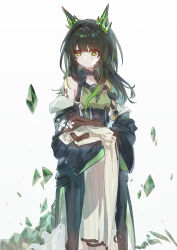 1girl absurdres arknights bare_shoulders black_hair black_jacket commentary dress emoji green_dress green_eyes green_hair highres jacket jacket_partially_removed long_hair material_growth mon3tr_(arknights) multicolored_hair oripathy_lesion_(arknights) sao7 sleeves_past_fingers sleeves_past_wrists solo star_of_life streaked_hair white_background