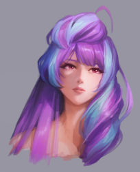 1girl ahoge blue_hair cropped_torso female_focus grey_background highres long_hair looking_afar macross macross_delta mikumo_guynemer mosako multicolored_hair parted_lips portrait purple_hair red_eyes simple_background solo two-tone_hair very_long_hair