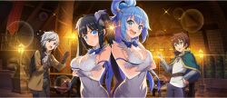 2boys 2girls annoyed aqua_(konosuba) arms_under_breasts back-to-back bell_cranel black_hair blue_eyes blue_hair blue_ribbon blush breasts cleavage cleavage_cutout clothing_cutout cosplay covered_navel crossed_arms crossover dress dungeon_ni_deai_wo_motomeru_no_wa_machigatteiru_darou_ka eye_contact false_smile frown game_cg gloves hair_ornament hair_petal hair_ribbon hair_rings hestia_(danmachi) hestia_(danmachi)_(cosplay) highres kono_subarashii_sekai_ni_shukufuku_wo! konosuba!_fantastic_days large_breasts long_hair looking_at_another matching_outfits multiple_boys multiple_girls open_mouth pencil_dress rei_no_himo ribbon satou_kazuma short_dress single_hair_ring sleeveless sleeveless_dress smile twintails white_dress white_gloves