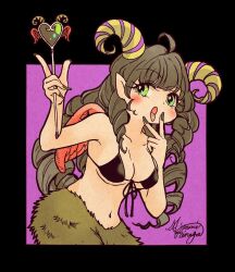 Rule 34 | 1girl, bikini, black bikini, black hair, black nails, demon, demon girl, demon horns, drill hair, drill sidelocks, glowing, glowing eyes, green eyes, heart wand, holding, holding wand, horns, long hair, monster girl, morinaga ayami, navel, open mouth, original, pointy ears, red wings, sidelocks, swimsuit, tongue, tongue out, wand, wings