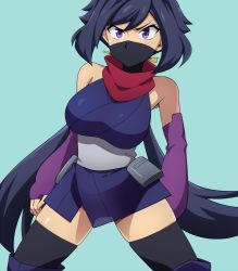 Rule 34 | 10s, 1girl, ayame (gundam build divers), bare shoulders, black hair, black thighhighs, blue background, blush, boots, breasts, cowboy shot, elbow gloves, female focus, fingerless gloves, gloves, gundam, gundam build divers, hairu, highres, japanese clothes, large breasts, long hair, looking at viewer, low ponytail, mask, mouth mask, ninja, ninja mask, ponytail, pouch, purple eyes, purple gloves, red scarf, sash, scarf, solo, spread legs, swept bangs, thigh boots, thighhighs, thighhighs under boots, very long hair