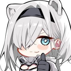 1girl animal_ears arknights aurora_(arknights) bear_ears black_gloves blue_eyes blush_stickers breasts chibi cleavage cleavage_cutout clothing_cutout commentary gloves hair_over_one_eye hairband kinbakuman looking_at_viewer lowres medium_hair smile solo symbol-only_commentary thumbs_up upper_body white_background white_hair