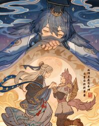 1boy 2girls animal_ears baiheng_(honkai:_star_rail) bird blue_hair chinese_clothes chinese_knot chinese_text cloud commentary commission english_commentary fox_ears fox_girl fox_tail guan_hat hanfu hat head_wings highres holding_hands honkai:_star_rail honkai_(series) jingliu_(honkai:_star_rail) looking_down mian_guan moon multiple_girls night night_sky own_hands_together panchang_knot purple_hair rice_hat sky sunday_(honkai:_star_rail) tail velinxi watching white_hair wings yaopei yellow_eyes