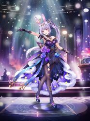 Rule 34 | 1girl, :d, absurdres, animal ears, arm up, armpits, bad source, black dress, black gloves, blue flower, breasts, butterfly hair ornament, chaociyuan menghaixing, dress, flower, full body, gloves, hair ornament, high heels, highres, indoors, lanyin, long hair, looking at viewer, official alternate costume, official alternate hairstyle, open mouth, ponytail, purple eyes, purple flower, purple hair, rabbit, rabbit ears, rose, side ponytail, smile, solo, stage, stage lights, stairs, standing, star (symbol), very long hair, virtual youtuber, xy production