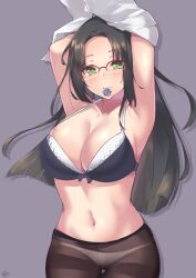 Rule 34 | 1girl, absurdres, armpits, arms up, black hair, blush, bra, breasts, cleavage, cowboy shot, crotch seam, glasses, green eyes, grey background, highres, kujo kaede, large breasts, long hair, looking at viewer, mouth hold, mushpz, navel, ongeki, panties, panties under pantyhose, pantyhose, ponytail, semi-rimless eyewear, simple background, smile, solo, thighband pantyhose, under-rim eyewear, underwear, undressing