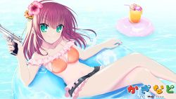Rule 34 | 1girl, angel beats!, bikini, bow, drink, end card, flower, frilled bikini, frills, green eyes, gun, haga eriko, hair bow, hair flower, hair ornament, hairband, handgun, innertube, kaginado, looking at viewer, nakamura yuri, orange bikini, pistol, purple hair, solo, swim ring, swimsuit, water, weapon