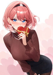 1girl absurdres alternate_costume black_hairband black_pantyhose black_skirt blue_eyes blush box breasts brown_sweater closed_mouth commentary_request covering_own_mouth embarrassed fingernails hairband heart heart-shaped_box heart_background highres holding holding_box holika_baby hololive large_breasts leaning_forward long_sleeves looking_at_viewer nail_polish nose_blush pantyhose pencil_skirt pink_hair pink_nails puffy_long_sleeves puffy_sleeves purple_eyes short_hair skirt solo sweat sweater takane_lui turtleneck turtleneck_sweater valentine virtual_youtuber