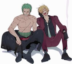 2boys ^_^ abs absurdres black_gloves black_shirt black_socks blonde_hair boots closed_eyes curly_eyebrows earrings facial_hair formal_clothes full_body gloves goatee green_hair hair_over_one_eye haramaki highres jewelry male_focus multiple_boys necktie one_piece roronoa_zoro sanji_(one_piece) scar scar_across_eye scar_on_face shirt short_hair simple_background sitting smile smoke socks stitched_torso stitches suit tm_one topless_male white_background white_necktie