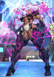Rule 34 | 1girl, abs, absurdres, animal ears, breasts, cat ears, character request, claws, dark-skinned female, dark skin, final fantasy, final fantasy xiv, full body, grin, highres, large breasts, long hair, multicolored hair, muscular, muscular female, navel, obliques, pink hair, qtime 702, smile, solo, stadium, standing, tail, teeth, thick thighs, thighs, underboob, weapon, yellow eyes