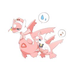 :d black_bow blue_eyes bocchi_the_rock! bow cube_hair_ornament eighth_note gen_3_pokemon gotoh_futari gotoh_hitori gotoh_hitori_(tsuchinoko) hair_ornament jitome latias latios legendary_pokemon musical_note nintendo no_humans on_head one_side_up open_mouth pokemon pokemon_(creature) rebecca_(keinelove) simple_background smile spoken_musical_note spoken_sweatdrop star_(symbol) striped_bow sweatdrop turn_pale two_side_up white_background