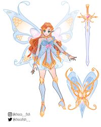1girl alternate_costume aqua_eyes armor bad_id bad_twitter_id bloom_(winx_club) blue_dress blue_sleeves blue_socks blue_wings bracer breasts bug butterfly chain chocofish cleavage closed_mouth commentary covered_collarbone detached_sleeves dress english_commentary eyelashes eyeshadow fairy fairy_wings full_body gold_chain gold_tiara heart high_heels highres insect instagram_username knee_pads kneehighs layered_dress light_particles lipstick long_hair long_sleeves looking_at_viewer magical_girl makeup mini_tiara orange_hair oversized_wings pauldrons pink_eyeshadow pink_lips pleated_dress pointy_ears puffy_long_sleeves puffy_sleeves reference_sheet scales see-through_clothes see-through_dress see-through_sleeves shield shoes short_dress shoulder_armor simple_background single_bare_shoulder single_pauldron smile socks solo standing swept_bangs sword tiara twitter_username very_long_hair watermark wavy_hair weapon white_background wings winx_club yellow_shoes