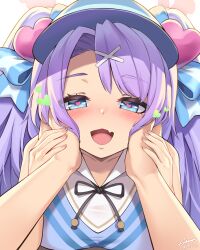 1girl 1other :d absurdres bloody0rabby blue_archive blue_eyes blush breasts commentary_request dated fang fingernails hair_ornament hanae_(blue_archive) hanae_(cheer_squad)_(blue_archive) hands_on_another&#039;s_cheeks hands_on_another&#039;s_face heart heart-shaped_pupils highres large_breasts long_hair looking_at_viewer official_alternate_costume open_mouth pov purple_hair signature skin_fang smile solo_focus symbol-shaped_pupils visor_cap x_hair_ornament