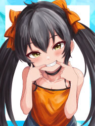 black_hair camisole finger_to_mouth highres idolmaster idolmaster_cinderella_girls idolmaster_cinderella_girls_u149 looking_at_viewer matoba_risa smile twintails yata_goyogyo yellow_eyes