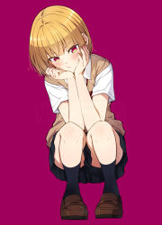 1girl black_skirt black_socks blush brown_vest full_body hands_on_own_face highres kouji_(campus_life) looking_at_viewer medium_hair nail_polish original red_background red_eyes shirt short_sleeves simple_background skirt socks solo squatting thighs vest white_shirt yellow_eyes