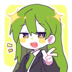 1boy :d black_jacket blush_stickers chibi collared_shirt dress_shirt formal_clothes green_hair hair_between_eyes jacket lobotomy_corporation long_hair looking_at_viewer netzach_(project_moon) open_mouth project_moon shirt simple_background smile solo sparkle suit_jacket upper_body w white_shirt yellow_blush