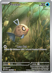animal_focus artist_name card_(medium) character_name closed_mouth company_name copyright_name copyright_notice english_text feebas fish from_side gen_3_pokemon kuroimori nintendo no_humans official_art pink_lips plant pokemon pokemon_(creature) pokemon_card pokemon_focus pokemon_tcg solo third-party_source trading_card underwater