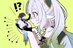 !? 1boy 1girl arm_at_side armlet belt black_belt black_bodysuit black_bow black_bridal_gauntlets black_hair black_leggings black_sandals black_shorts blue_sleeves blunt_ends blush bodysuit bow bridal_gauntlets bright_pupils cape collar cross-shaped_pupils detached_sleeves dress eyelashes eyeliner eyeshadow feathers fingernails frilled_collar frills from_side furisode genshin_impact gold gradient_hair green_background green_cape green_eyes green_hair hand_on_another&#039;s_forehead highres holding holding_mini_person japanese_clothes jewelry kimono layered_sleeves leg_warmers leggings looking_at_another makeup mandarin_collar mini_person miniboy multicolored_hair nahida_(genshin_impact) no6_gnsn open_clothes open_hand open_kimono open_mouth pointy_ears pom_pom_(clothes) purple_cape purple_hair purple_rope purple_sash red_eyeliner red_eyeshadow rope sandals sash scaramouche_(genshin_impact) short_sleeves shorts stirrup_legwear streaked_hair sweatdrop symbol-shaped_pupils tareme teeth toeless_legwear toenails toes tsurime upper_teeth_only wanderer_(genshin_impact) white_dress white_hair white_kimono white_leg_warmers white_pupils white_sleeves yellow_feathers zouri
