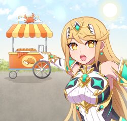 1girl :o absurdres blonde_hair commentary commission crab dress elbow_gloves english_commentary enni food_stand gloves highres long_hair looking_at_viewer meme mythra_(massive_melee)_(xenoblade) mythra_(xenoblade) open_mouth pointing solo two_soyjaks_pointing_(meme) upper_body very_long_hair white_dress white_gloves xenoblade_chronicles_(series) xenoblade_chronicles_2 yellow_eyes