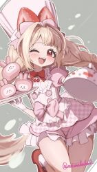 Rule 34 | 1girl, ;d, apron, blonde hair, blunt bangs, blush, bow, bowtie, braid, buttons, checkered clothes, chef hat, cherry, cowboy shot, crust (nikke), double-breasted, dress, food, food-themed hair ornament, frilled apron, frilled dress, frills, fruit, gloves, goddess of victory: nikke, grey background, hair bow, hair intakes, hair ornament, happy, hat, highres, holding, holding tray, long hair, one eye closed, open mouth, outline, pink bow, pink dress, puffy short sleeves, puffy sleeves, red bow, red bowtie, red eyes, red shoes, sata (satawahaha), shoes, short dress, short sleeves, sidelocks, simple background, smile, socks, solo, standing, standing on one leg, strawberry hair ornament, stuffed toy, teeth, tray, twin braids, twitter username, upper teeth only, white apron, white gloves, white outline, white socks